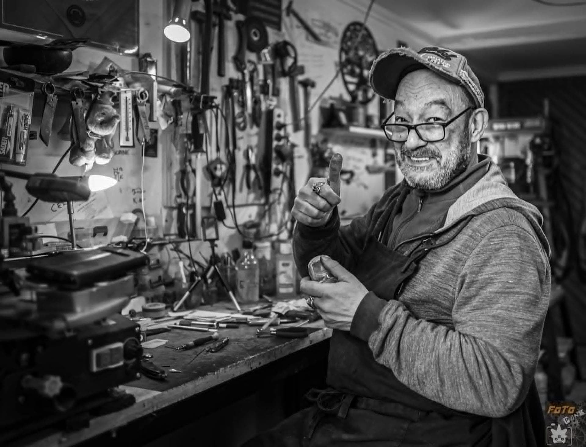 Le Résiliant, the knifemaker, at the workbench of his cutlery workshop in Thiers