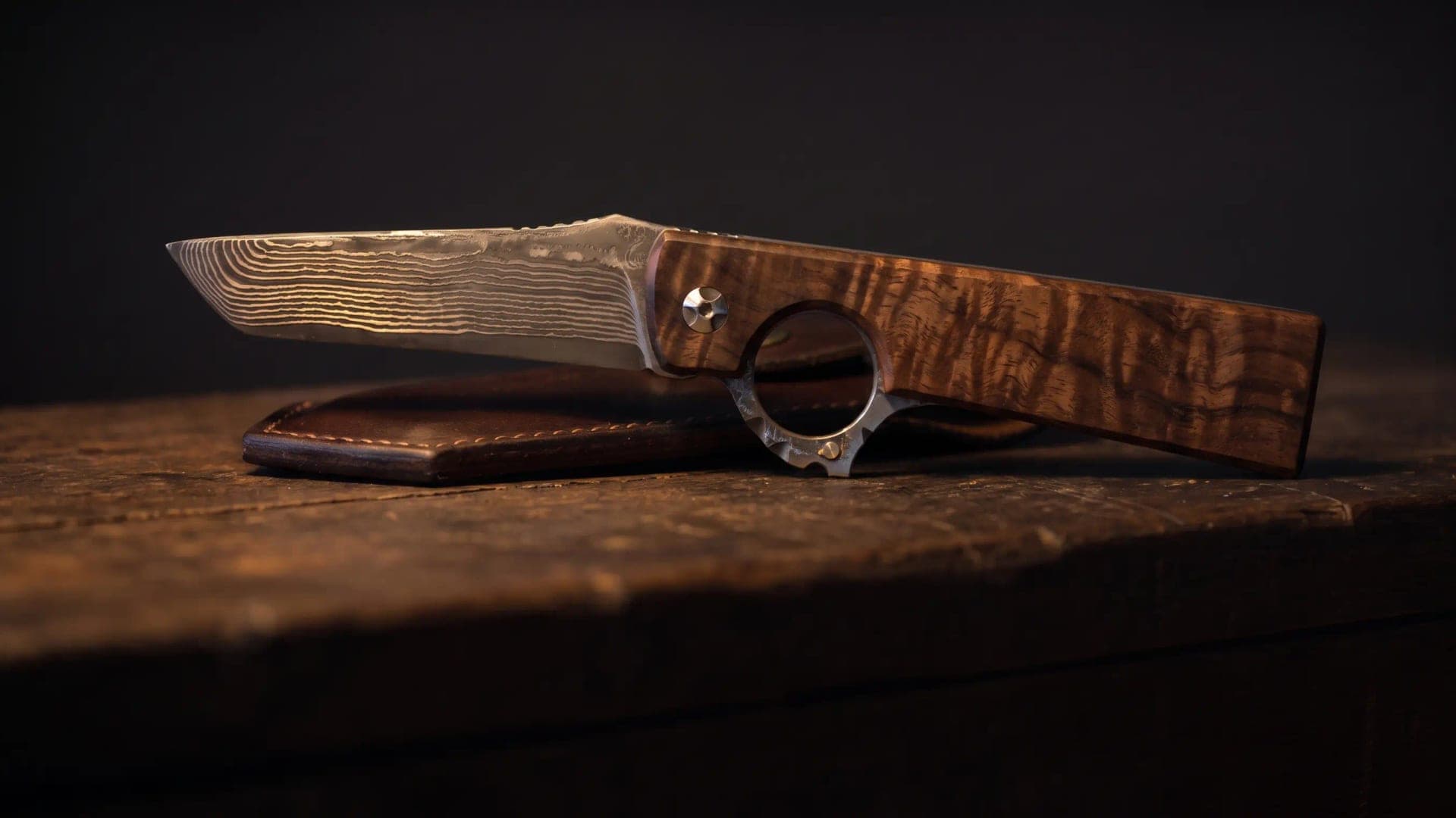 Generated illustration: a reverse-opening knife lying open at an angle on a dark wooden bench, damascus blade and figured wood handle, its brown leather sheath behind it, in warm raking light.