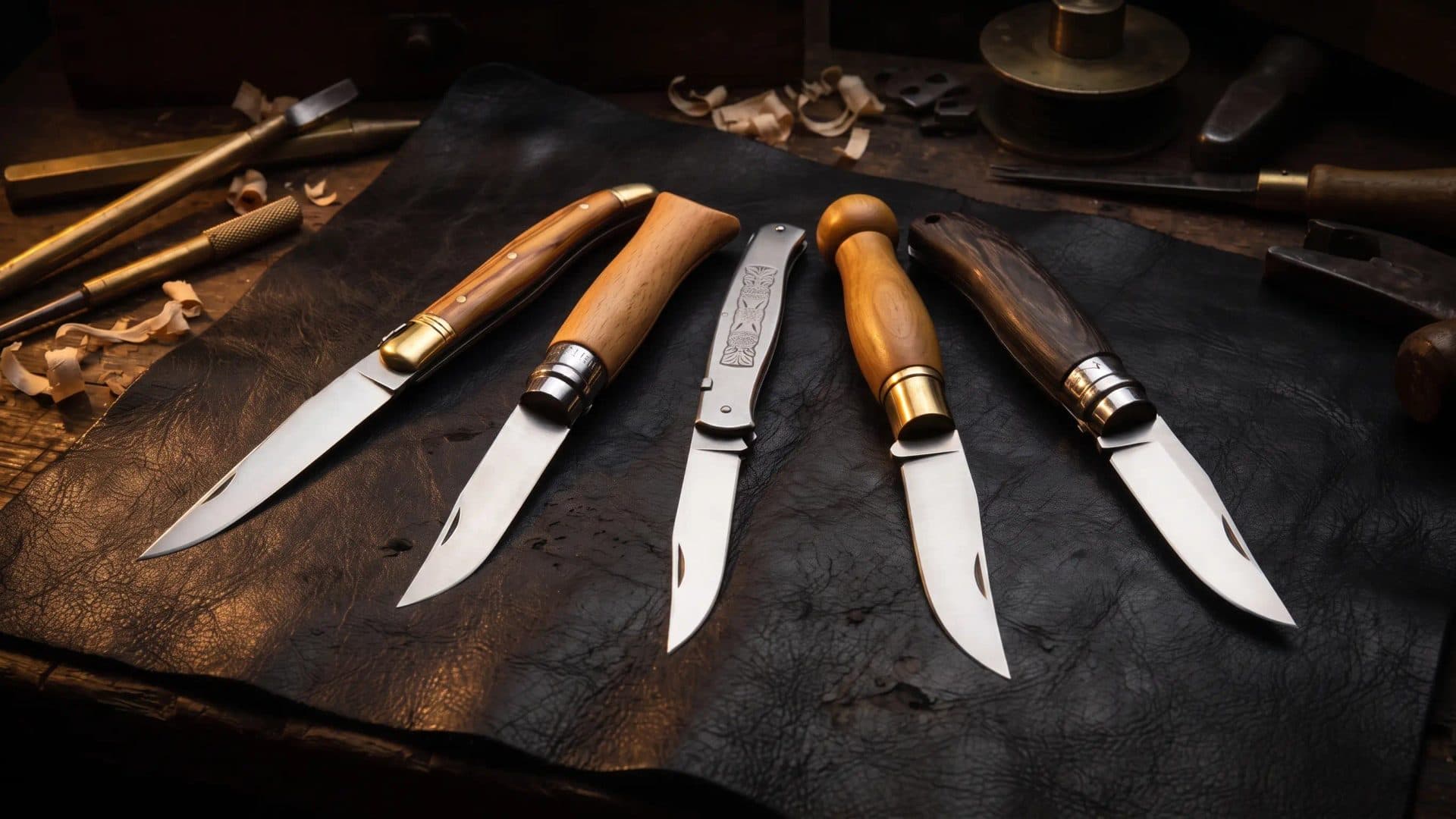 Illustration générée : les cinq grandes familles de couteaux de poche français, Laguiole, Opinel, Douk-Douk, Nontron et le Thiers, lames ouvertes, posés en éventail sur un cuir noir d'atelier dans une lumière chaude. Aucune marque n'est représentée.