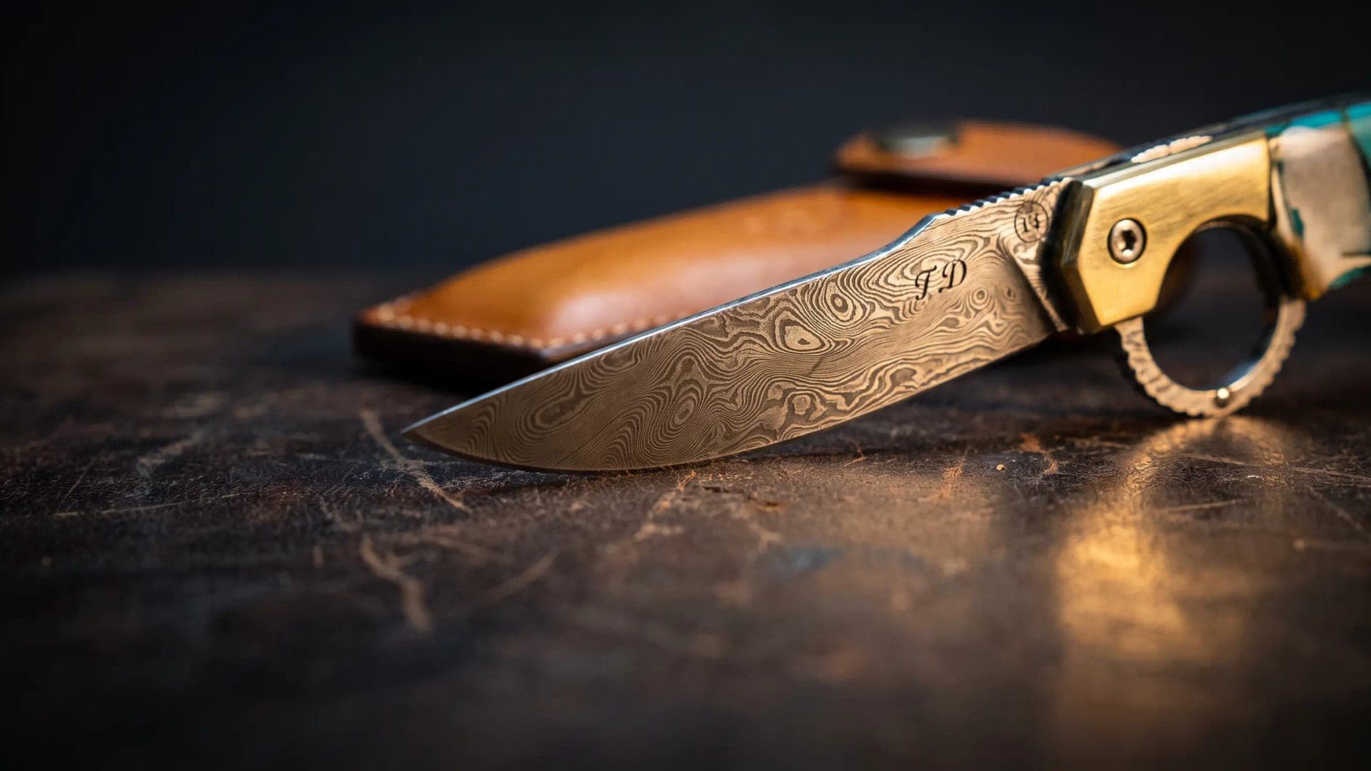 AI-generated illustration. Macro close-up of an engraved damascus steel blade resting on a knife maker's workbench, warm raking light on a charcoal background.