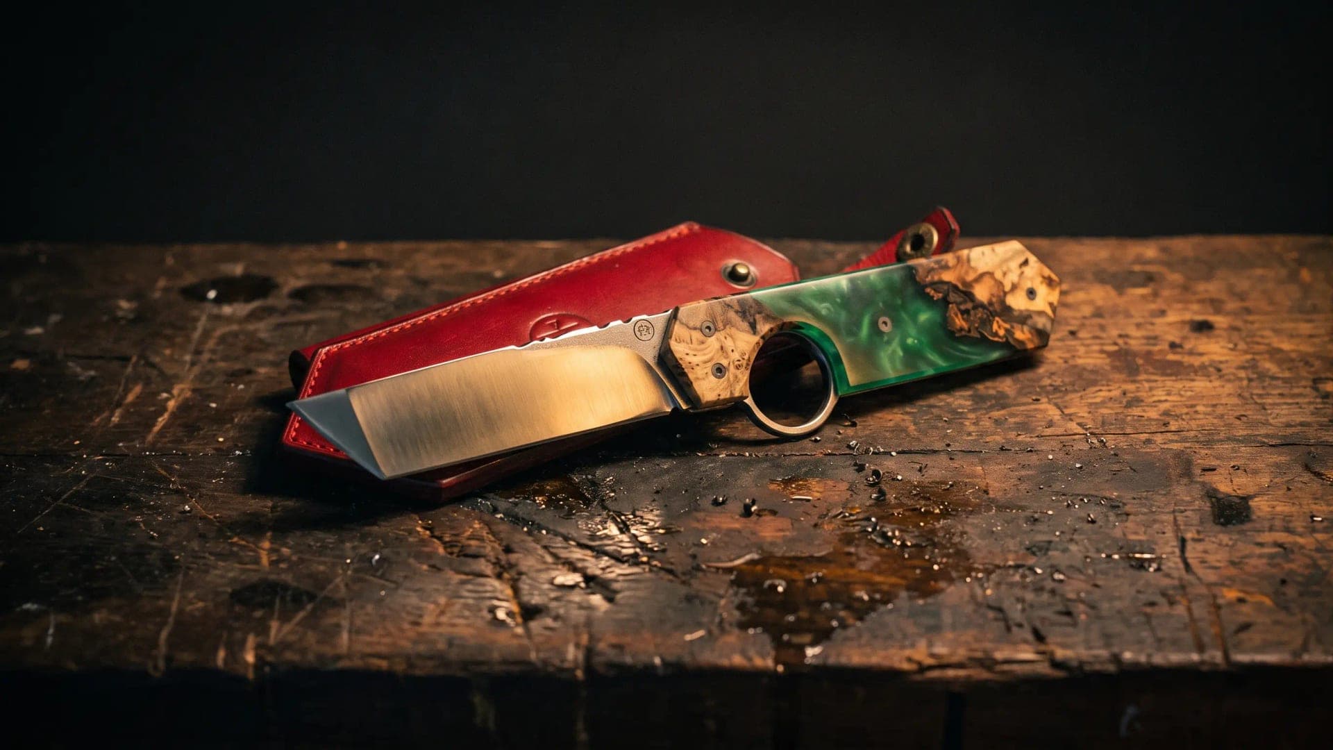 AI-generated illustration based on a real photograph: the Résiliant Tanto open, its tanto point lit in a dark, brass-toned workshop atmosphere.