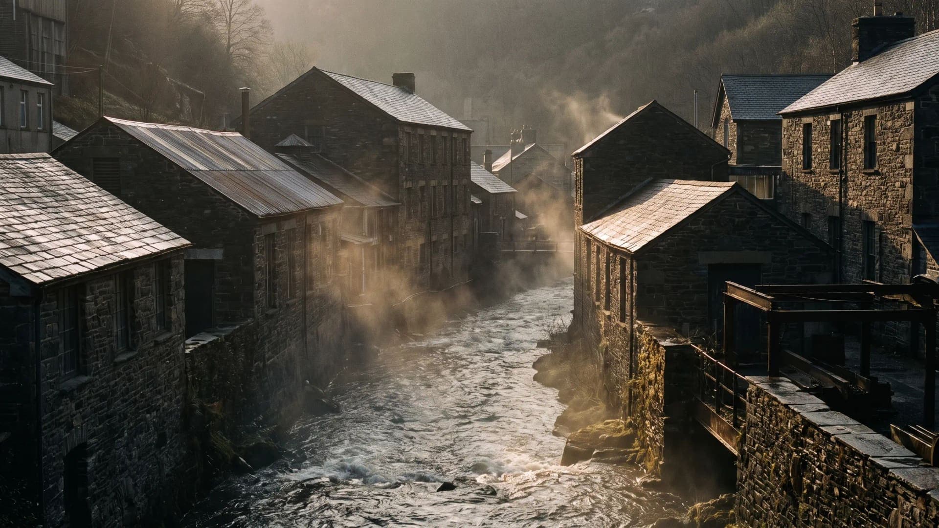 Vallée encaissée bordée d'anciennes bâtisses industrielles de pierre au bord d'une rivière, dans la lumière chaude du matin : illustration générée.